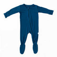 Bamboo Little soft baby footie pajamas in deep blue show the diagonal two-way zipper for quick changes.
