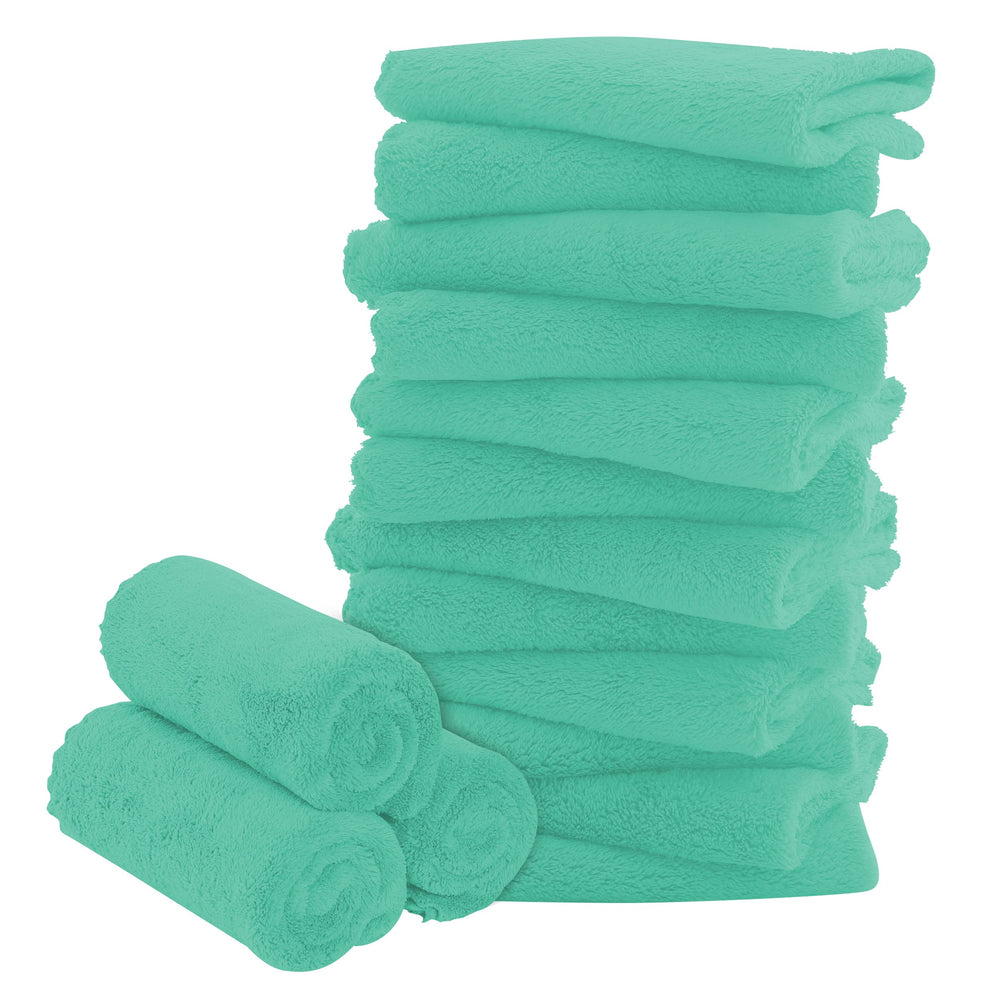 BAMBOO QUEEN 16-pack baby washcloths in aqua-green coral fleece, soft and absorbent for bath time