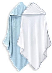 Bamboo Queen 2Pack baby bath towels laid flat in white and blue, ultra-soft for delicate skin.