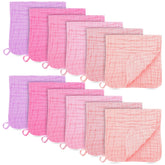 Bamboo Queen 12-pack muslin burp cloths folded, soft and versatile for baby care.