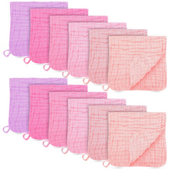 Bamboo Queen 12-pack muslin burp cloths folded, soft and versatile for baby care.