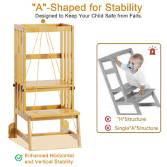 BAMBOOHOMIE learning tower setup with guardrails encouraging imaginative kitchen play.