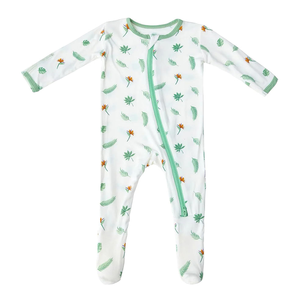 Bamboo Little soft baby footie pajamas Bird of Paradise frontal view for cozy newborn sleep.
