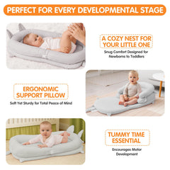 Banakshol baby lounger gray in use on a soft surface for resting.