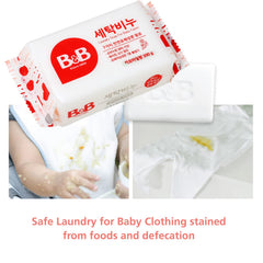 B&B laundry soap eases stubborn stains on baby clothes with plant-based power.