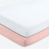 Bare Home 2-pack crib sheets front view in pink-slipper and white for coordinated nursery.