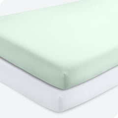 Bare Home 2-pack crib sheets in spring mint and white folded for easy storage and soft sleep.