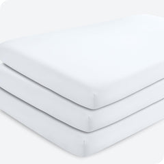 Bare Home 3-pack fitted crib sheets in white packaging show multi-pack convenience.