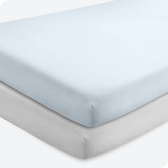 Bare Home crib sheets sky blue pack ready for cozy nights.