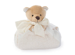 Barefoot Dreams CozyChic Buddie cream bear texture highlights soft tactile quality for cuddling.