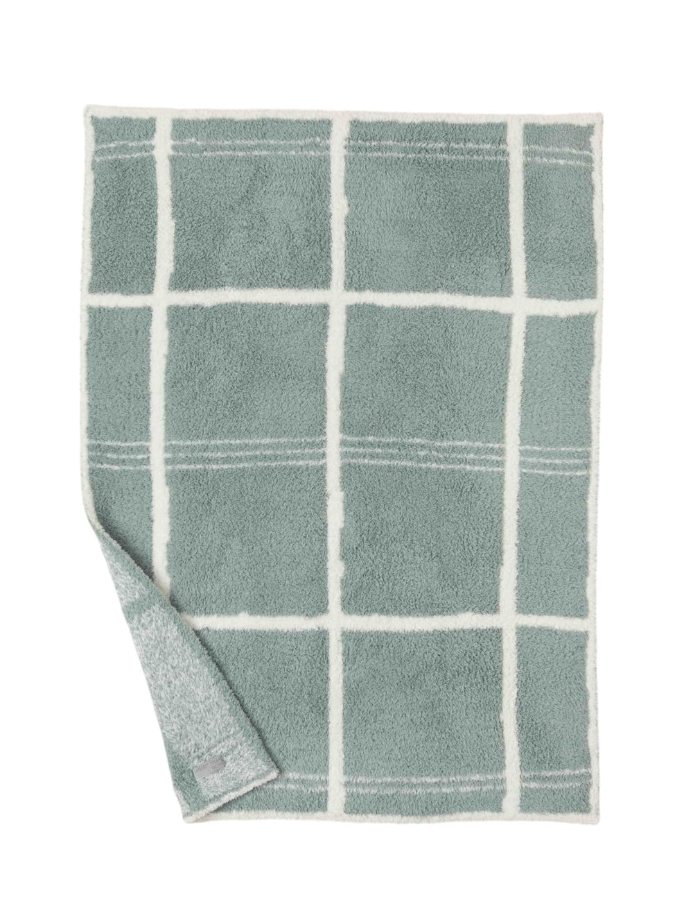 Barefoot Dreams CozyChic Grid Plaid Stroller Blanket in Sage Green-Cream for on-the-go warmth.