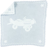 Barefoot Dreams CozyChic scalloped blanket in blue and white for baby's cuddles.