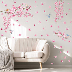 Barri Design watercolor cherry flowers wall decal enhances soft pink bedroom ambiance.
