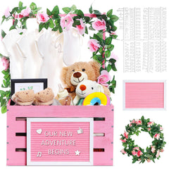 Barydat pink wooden baby shower crate front view showing rustic warm decor.