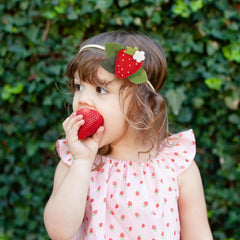 BASCT Strawberry Baby Headband green-leaves-detail adds vibrant color to outfits.