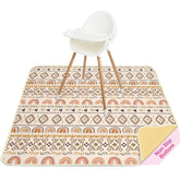 Basumee Splat Mat under high chair with brown geometry protects floors.