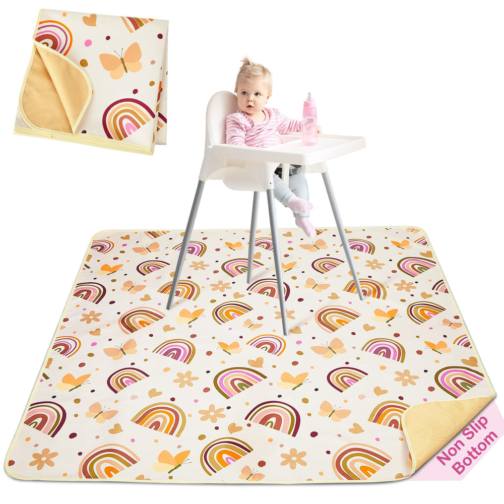 Basumee Splat Mat under high chair with spills caught, protecting floors.