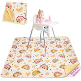 Basumee Splat Mat under high chair with spills caught, protecting floors.