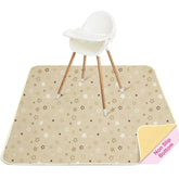 Basumee Splat Mat under high chair catches spills and crumbs.