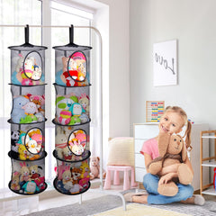 Basumee stuffed animals hammock 4-tiers side view shows space-saving hanging solution