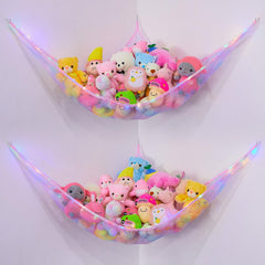 Basumee stuffed animals hammock with LED light pack adds ambient playroom lighting.