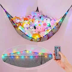 Basumee Stuffed Animals Hammock mounted on wall for clutter-free playroom storage.