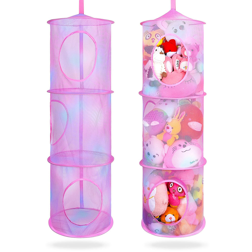 Basumee stuffed animals net hammock pink two-pack for plush storage and space saving