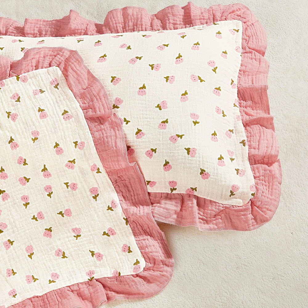 Basumee toddler pillowcase pink flowers, soft breathable muslin for gentle sleep.
