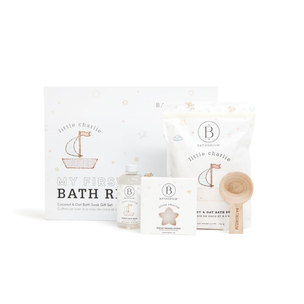 Bathorium Little Charlie gift-set box shows a complete baby bath ritual.
