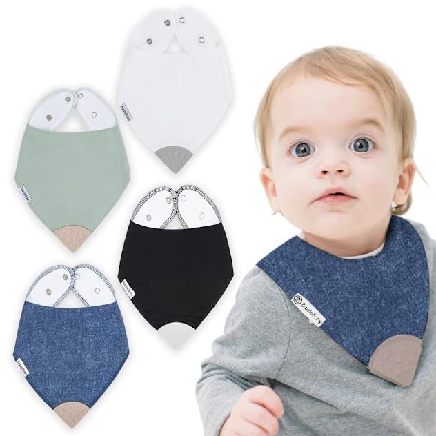 Bazzle Baby Bandana Teething Bib denim-sage front shows stylish drool protection for playtime.