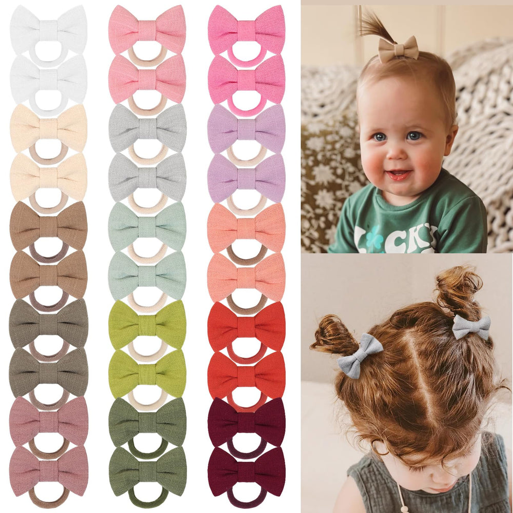 BBGifts 30pcs baby hair bows close-up with soft linen texture for versatile outfits.