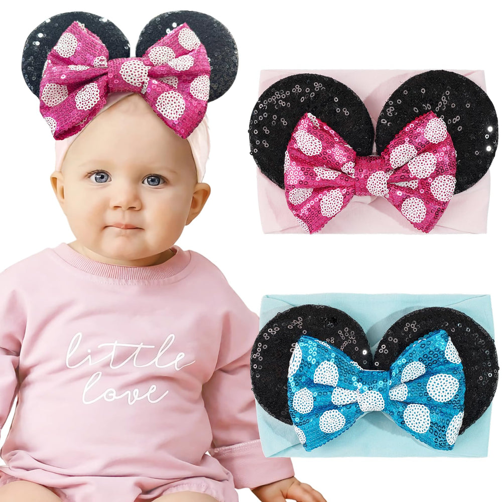 BBGifts baby girl mouse ears headbands in blue with sequin bow for photo shoots
