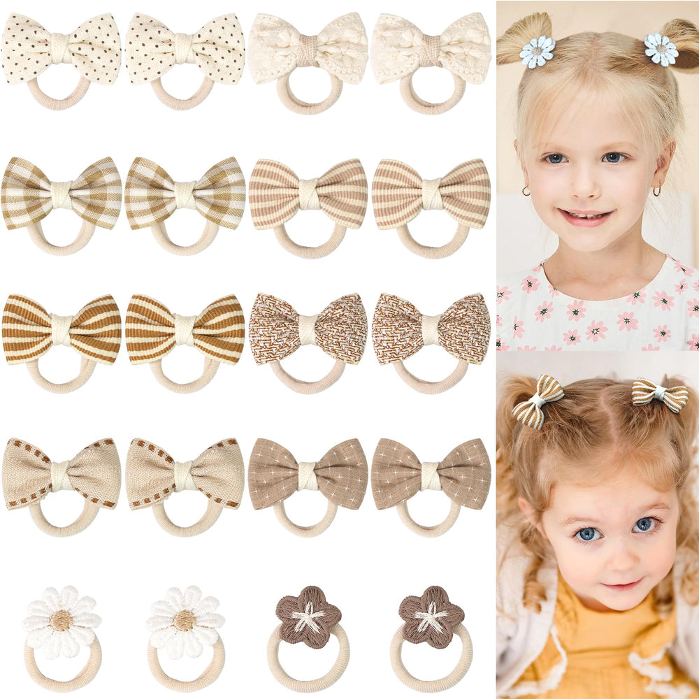 BBGifts Kahki baby hair ties with flowers bow closeup for gentle hold.