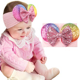 BBGifts mouse ears headband pink sequin closeup shows sparkling ears and bow for party fun