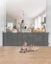 BBsecure 100-inch retractable gate on stairs shows sturdy mesh for safety