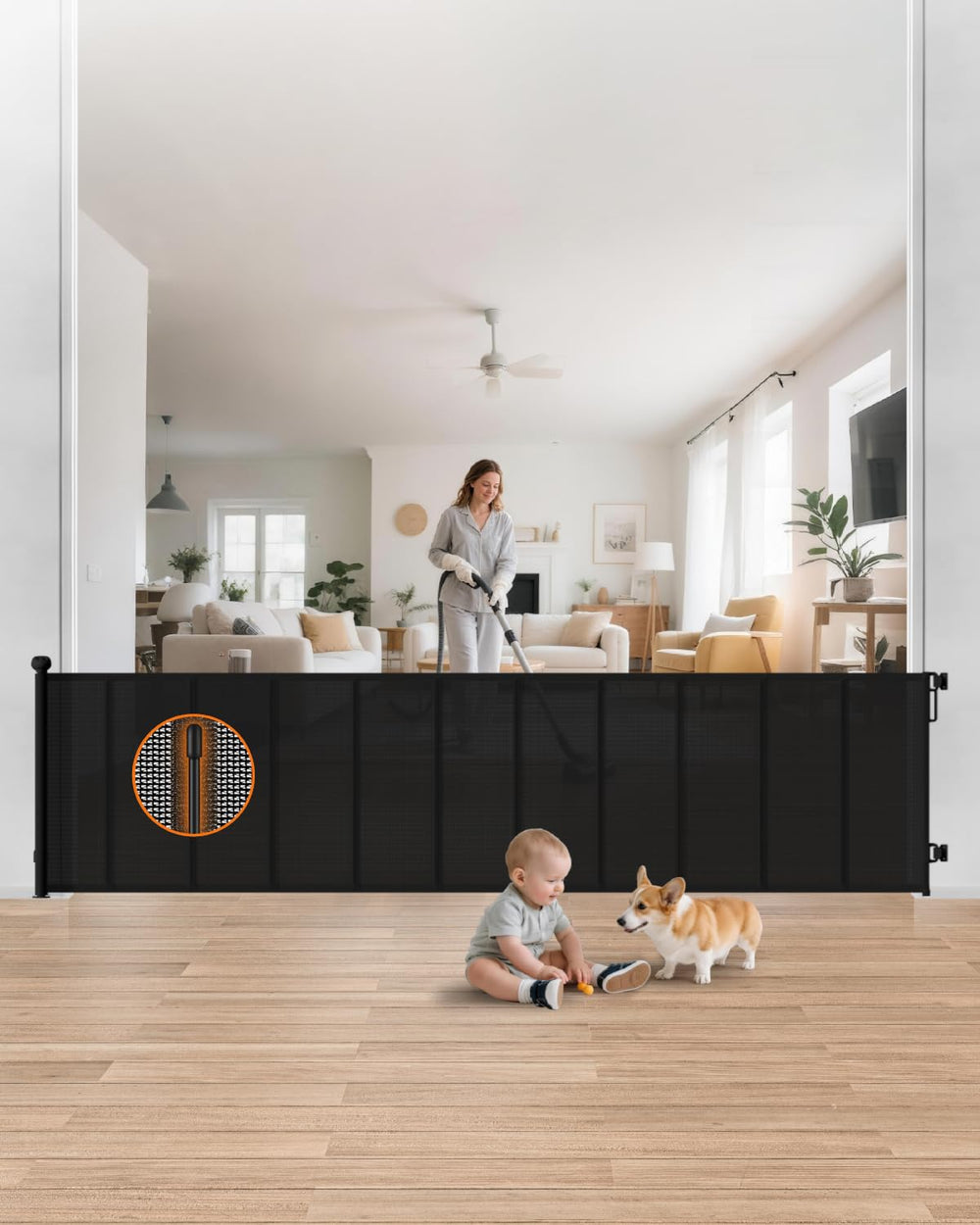 BBsecure 120-wide retractable gate extended for wide living spaces, offering wide coverage and safety.
