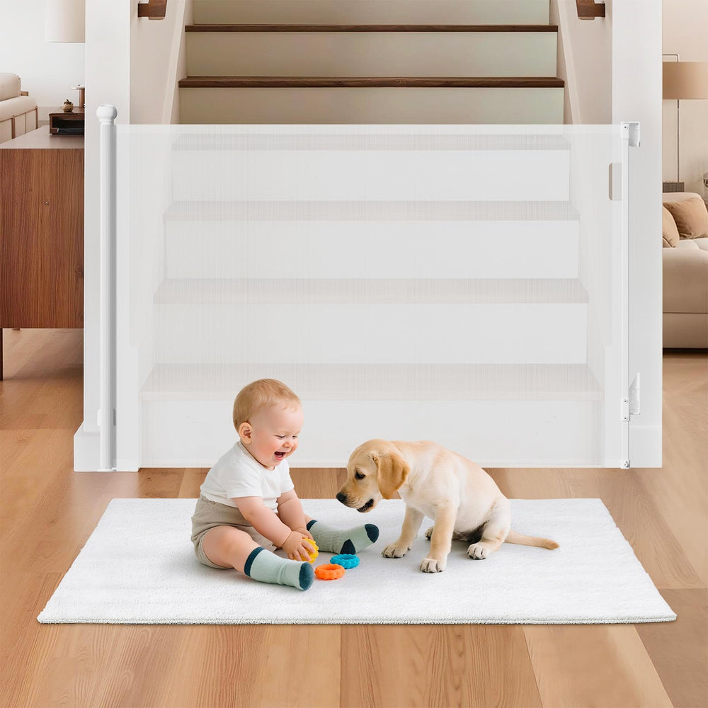 BBsecure retractable baby gate on stairs, closed for secure passage.