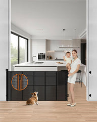 BBSecure upgraded retractable gate shows 71-wide opening for wide stairway safety.