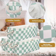 BBSET 3PC small checked storage baskets green full view show sturdy frames for daily bathroom storage.
