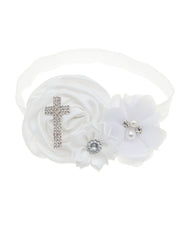 BBTDIN baby baptism headband in lace with bead accents for christening photos.