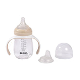 BEABA 2-in-1 bottle-to-sippy cup shows a smooth transition for early drinking