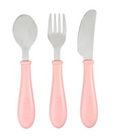 Beaba All Grown Up rose cutlery with ergonomic handles for little hands, mess-reducing design.
