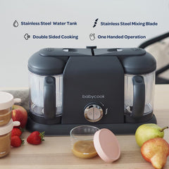 BEABA Babycook Duo steam baskets image demonstrates true steam cooking for nutrient-friendly meals.