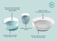 Beaba glass baby bowl with suction pad helps safe self-feeding.