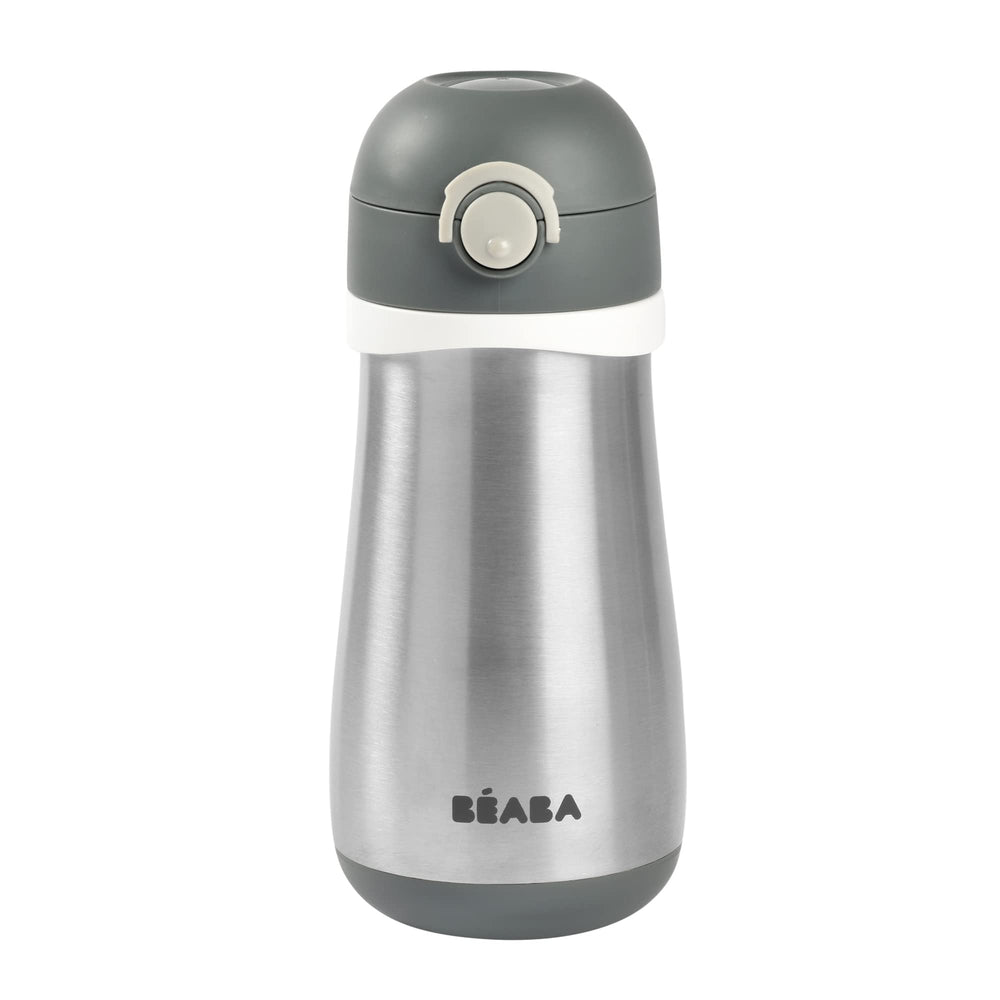 BEABA kids stainless steel water bottle in charcoal finish for on-the-go hydration.