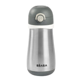 BEABA kids stainless steel water bottle in charcoal finish for on-the-go hydration.