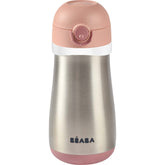 Beaba kids stainless steel water bottle rose side view highlights durable construction for daily use