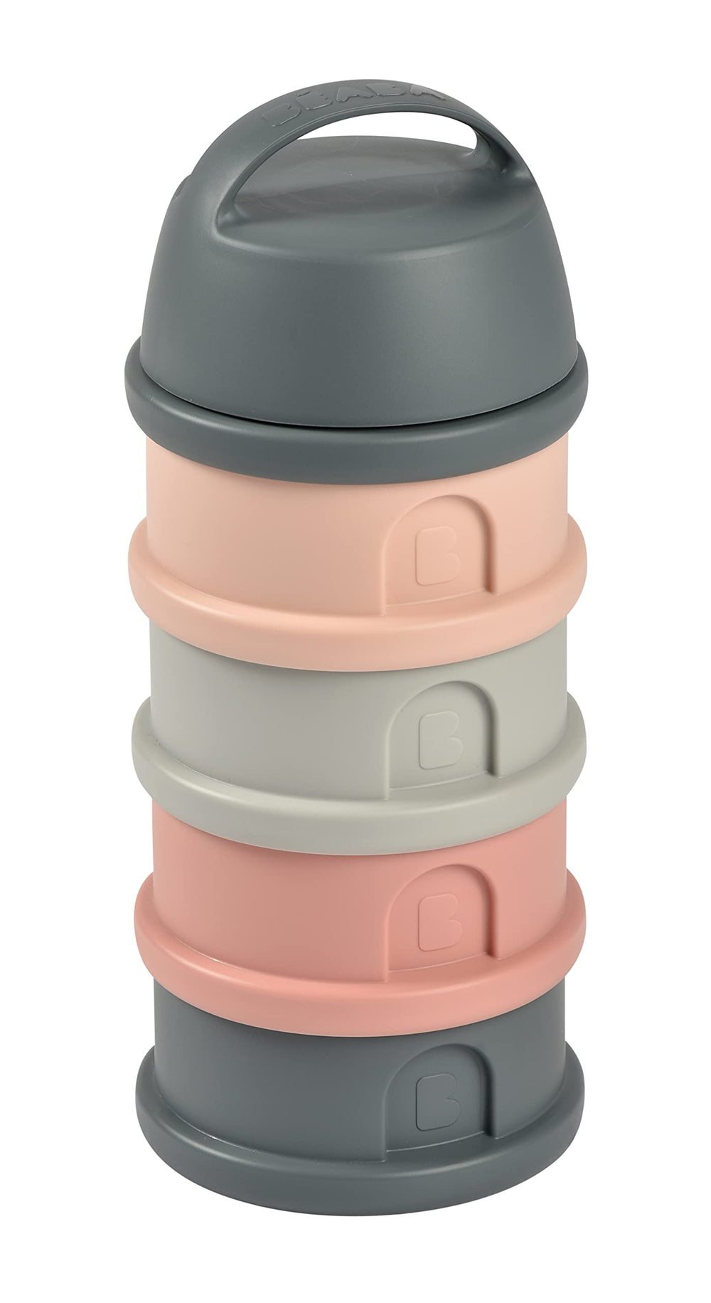 BEABA Rose formula and snack container closed cap keeps contents secure for travel
