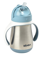 Beaba stainless steel straw sippy cup in rain color shows sturdy body for toddler autonomy.