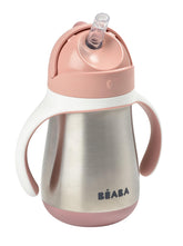 BEABA stainless steel straw sippy cup rose angled view shows spill-proof design for on the go